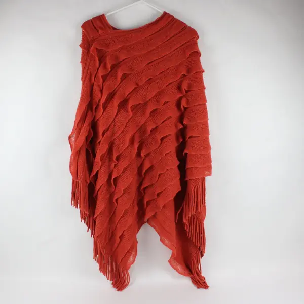 Max Edition 3705340 Orange Knit Ruffle Poncho Fringe Asymmetrical 2-Way One Size
