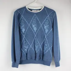 Y2K Quilted Embroidered Crewneck Sweatshirt Blue Floral Argyle Small