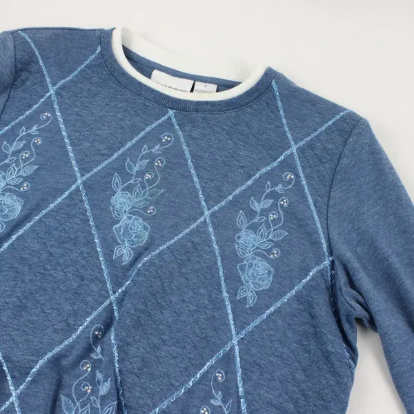 Y2K Quilted Embroidered Crewneck Sweatshirt Blue Floral Argyle Small