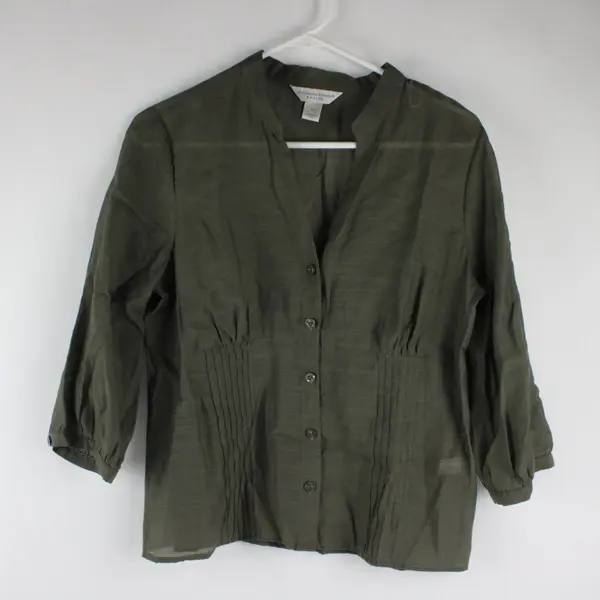 Christopher & Banks Dark Green Sheer Half Sleeve Button Down Blouse V-Neck PM 