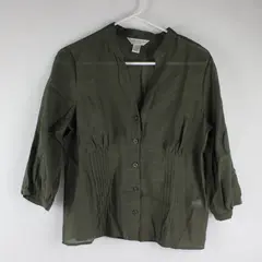 Christopher & Banks Dark Green Sheer Half Sleeve Button Down Blouse V-Neck PM 