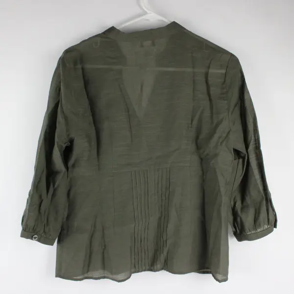 Christopher & Banks Dark Green Sheer Half Sleeve Button Down Blouse V-Neck PM 