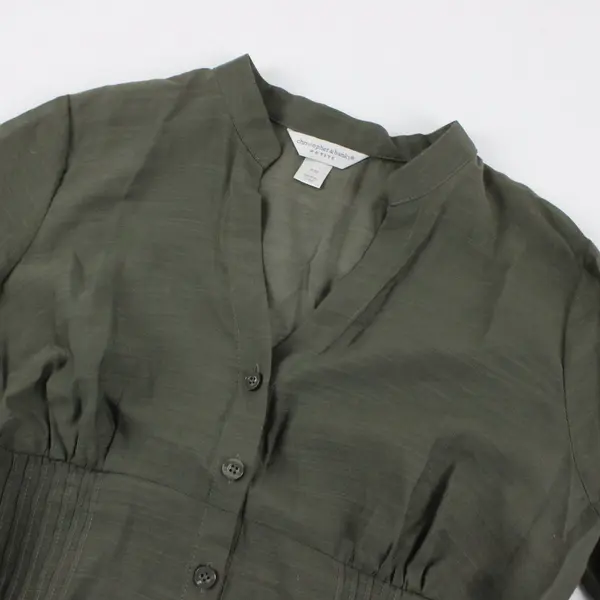 Christopher & Banks Dark Green Sheer Half Sleeve Button Down Blouse V-Neck PM 