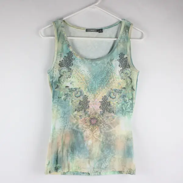 Apt.9 Green Blue Yellow Bohemian Design Rhinestone Detail Tank Top Sz M Y2k Vntg