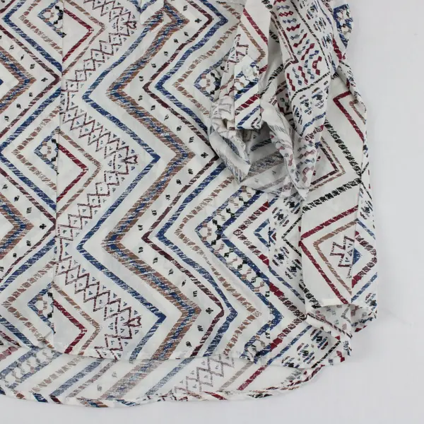 Eden & Olivia Blouse M White Blue Red Geometric V-Neck Long Sleeve Roll-Tab