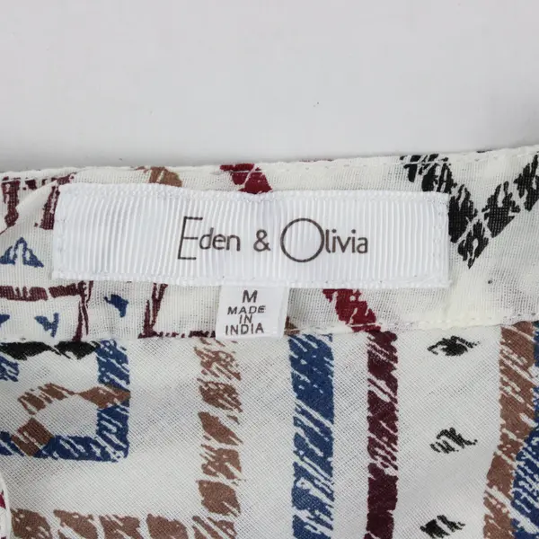 Eden & Olivia Blouse M White Blue Red Geometric V-Neck Long Sleeve Roll-Tab