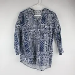 Eden & Olivia Women's Blue White Boho V-Neck Blouse Long Sleeve M