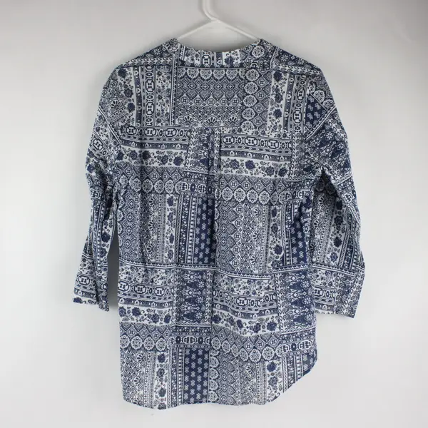Eden & Olivia Women's Blue White Boho V-Neck Blouse Long Sleeve M