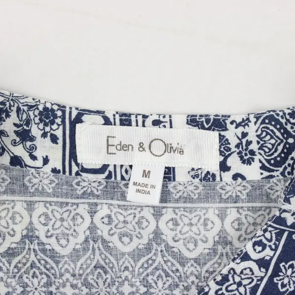 Eden & Olivia Women's Blue White Boho V-Neck Blouse Long Sleeve M