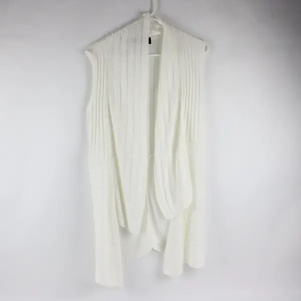 Studio A Cream White Sleeveless Open Front Knit Asymmetrical Cardigan Women's M