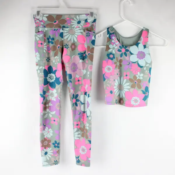 Athletic Works Girls Activewear Set Green and Multicolor Floral Print M (7-8)