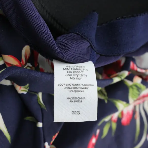 Birdsong Navy w/ Palm Leaf Floral Swim Top Underwire Women's Built-in Bra 32G