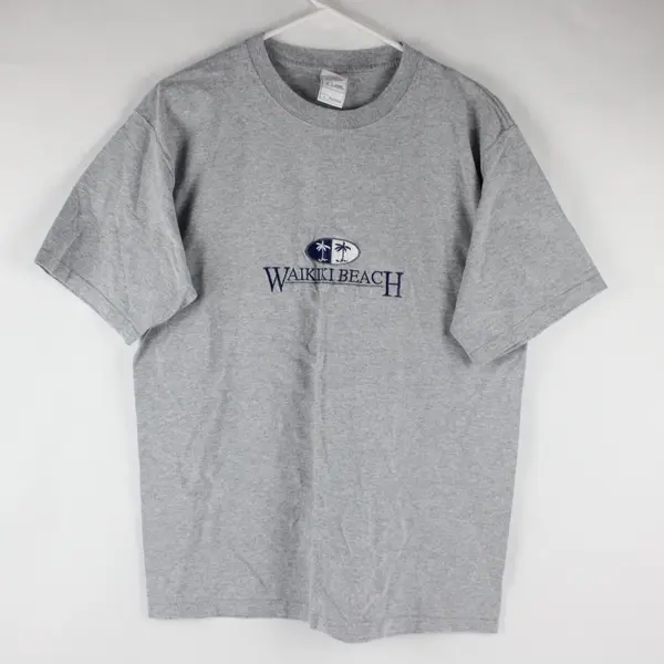 Fruit of the Loom Waikiki Beach Hawaii Gray Short Sleeve T-Shirt Men's L