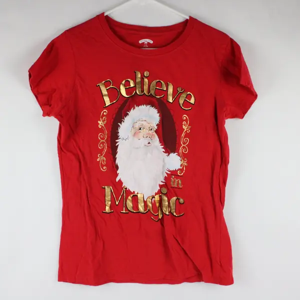 Holiday Time Women's Large 12-14 Red Believe In Magic Santa Graphic T-Shirt