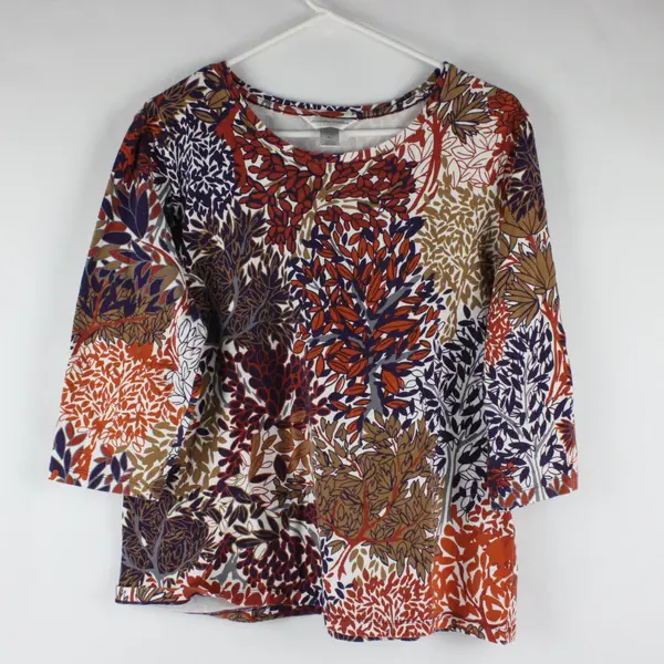 Christopher & Banks Women's XL Purple Orange Leaf Print Half-Sleeve Top