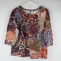 Christopher & Banks Women's XL Purple Orange Leaf Print Half-Sleeve Top