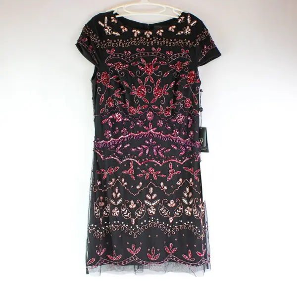 Adrianna Papell Red Pink Sequined Beaded Black Knee-Length Dress Women's 8 New