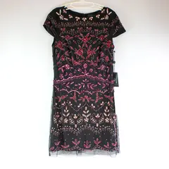 Adrianna Papell Red Pink Sequined Beaded Black Knee-Length Dress Women's 8 New