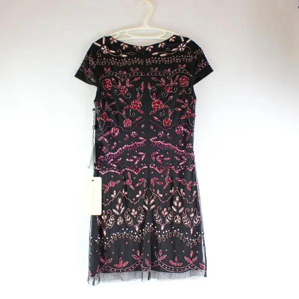 Adrianna Papell Red Pink Sequined Beaded Black Knee-Length Dress Women's 8 New