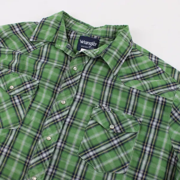 Wrangler Western Shirts Mens XXL Green Plaid Pearl Snap Button Short Sleeve