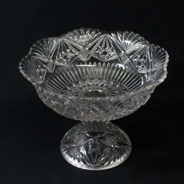 Vintage American Brilliant Cut Glass Compote Fan Star Pattern 9.5in Diameter