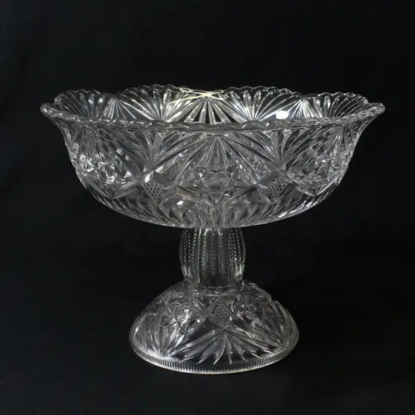 Vintage American Brilliant Cut Glass Compote Fan Star Pattern 9.5in Diameter
