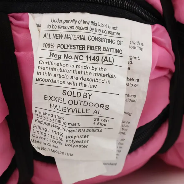 Exxel Outdoors Pink Youth Sleeping Bag Style TMK2201Bta 28 x 60