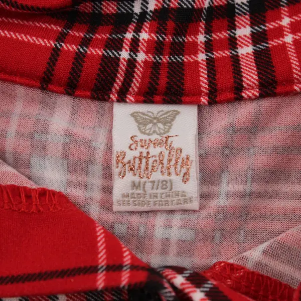 Sweet Butterfly Red Plaid Girls Collared Button Down Dress 3/4 Sleeve M (7/8)