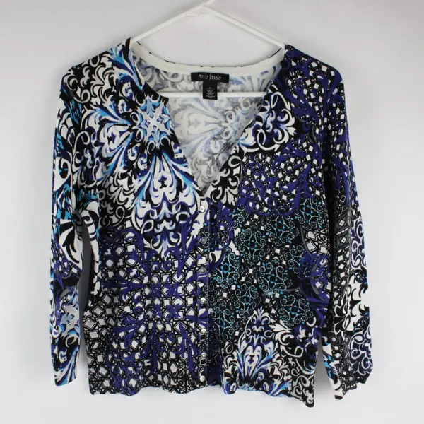 White House Black Market Black, Blue, White Pattern Snap Front V-Neck Cardigan M