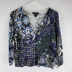 White House Black Market Black, Blue, White Pattern Snap Front V-Neck Cardigan M