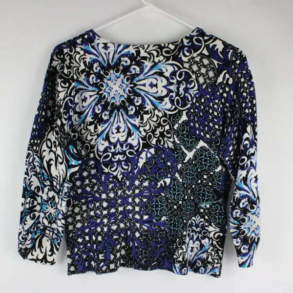 White House Black Market Black, Blue, White Pattern Snap Front V-Neck Cardigan M