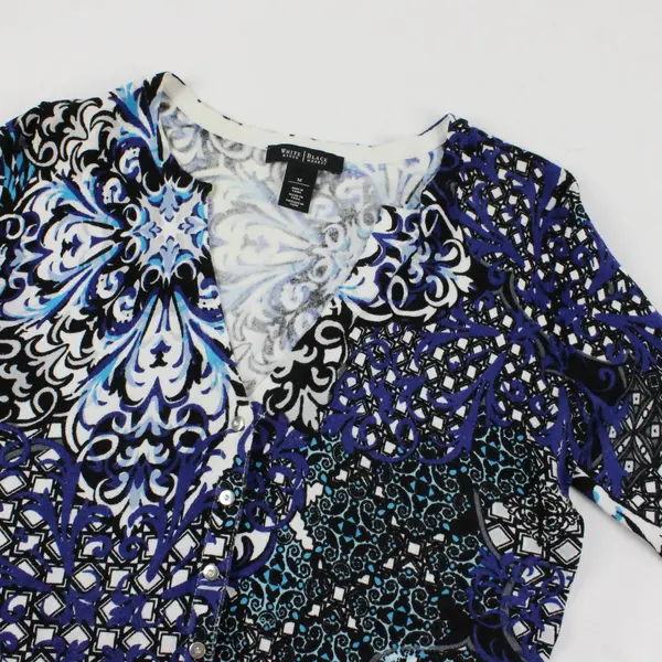 White House Black Market Black, Blue, White Pattern Snap Front V-Neck Cardigan M