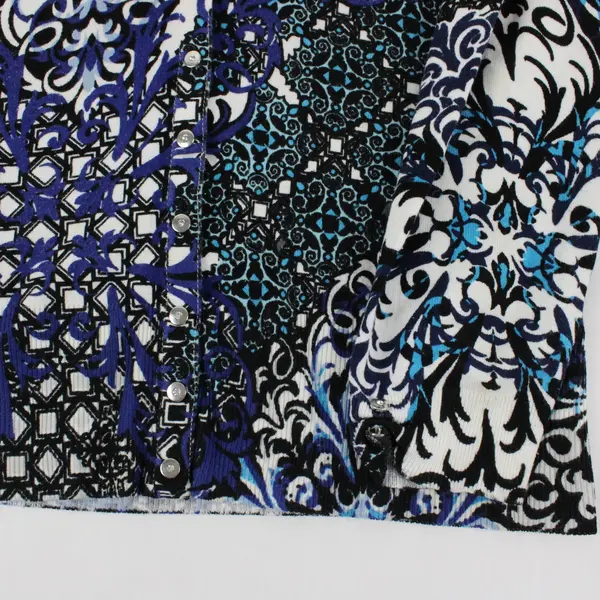 White House Black Market Black, Blue, White Pattern Snap Front V-Neck Cardigan M