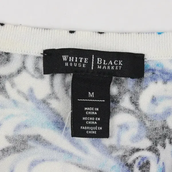 White House Black Market Black, Blue, White Pattern Snap Front V-Neck Cardigan M