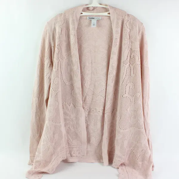 WHBM Outlet Pink Open-Front Lace Knit Long Sleeve Cardigan L