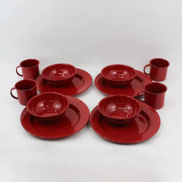 12 Piece Red Enamelware Dinnerware Set for 4 Cups Plates Bowls