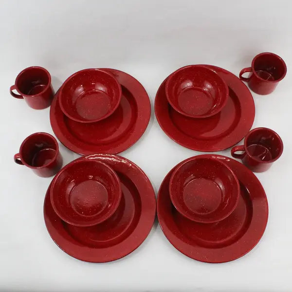 12 Piece Red Enamelware Dinnerware Set for 4 Cups Plates Bowls