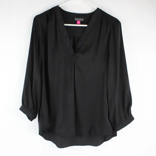Vince Camuto Women Black Satin V-Neck Balloon Sleeve Blouse Med NWT Formal