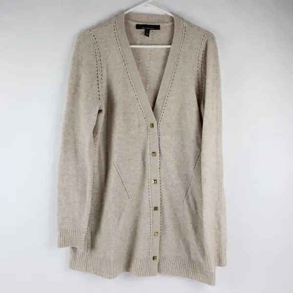 White House Black Market Beige Long Sleeved Cardigan Gold Buttons Size Large