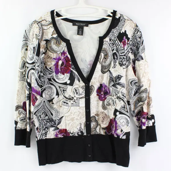 WHBM Womens M Black Purple White Gold Floral Paisley Button Down Cardigan