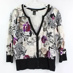 WHBM Womens M Black Purple White Gold Floral Paisley Button Down Cardigan