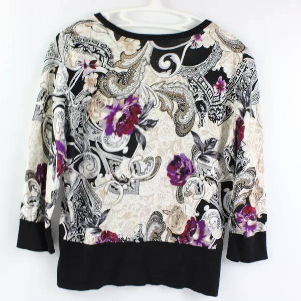 WHBM Womens M Black Purple White Gold Floral Paisley Button Down Cardigan