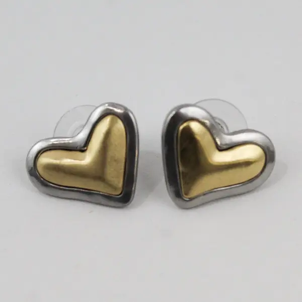 Vintage Chico's Heart Stud Earrings Two-Tone Silver Gold Puffy Mixed Metal