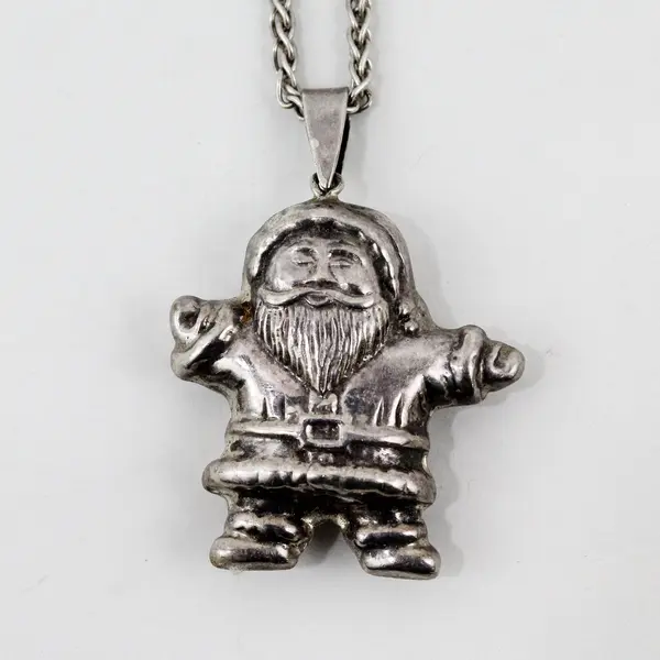 Santa Claus 3D Charm Pendant Necklace Waving Kris Kringle Silver-Tone