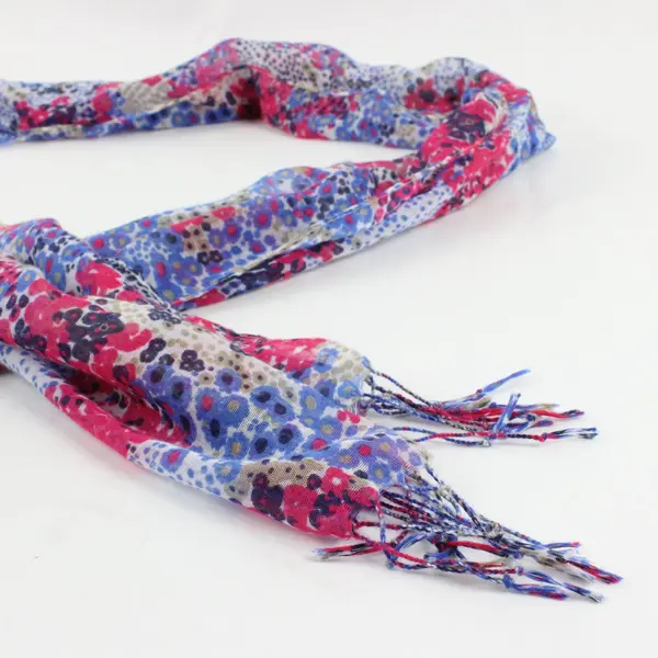 Women's Sheer Pink, Blue, Gold, White Floral Wrap Scarf Rectangle Fringe