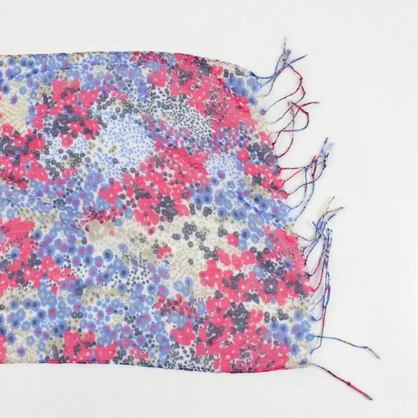 Women's Sheer Pink, Blue, Gold, White Floral Wrap Scarf Rectangle Fringe