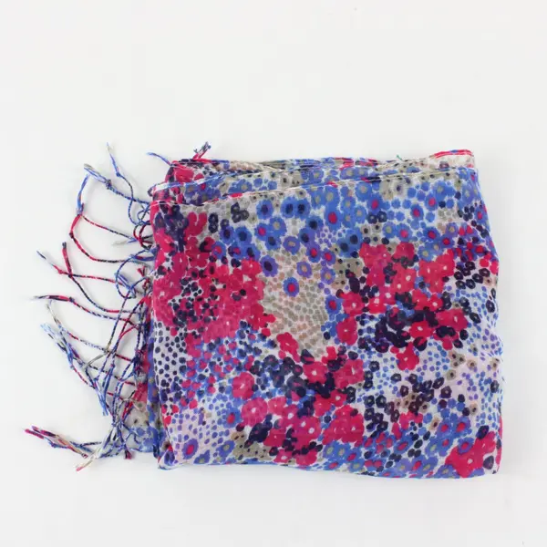 Women's Sheer Pink, Blue, Gold, White Floral Wrap Scarf Rectangle Fringe