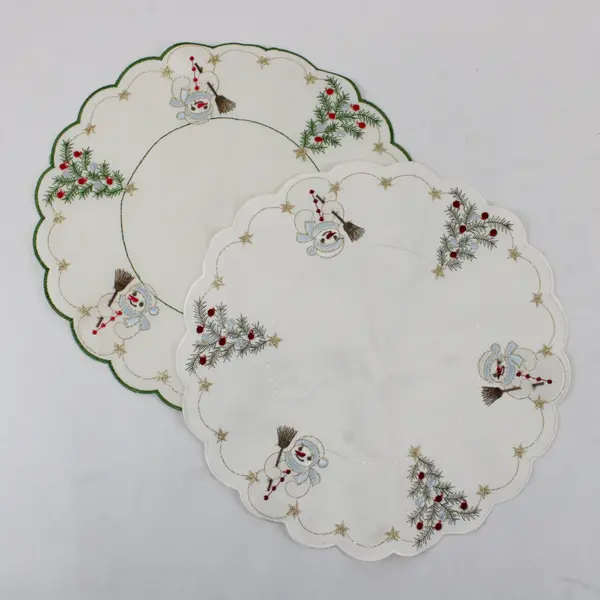 Lot of 2 Vintage Yesteryear Snowman Embroidered Round Christmas Doilies 10.5"