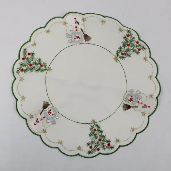 Lot of 2 Vintage Yesteryear Snowman Embroidered Round Christmas Doilies 10.5"