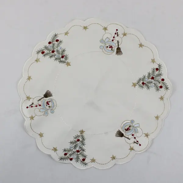 Lot of 2 Vintage Yesteryear Snowman Embroidered Round Christmas Doilies 10.5"